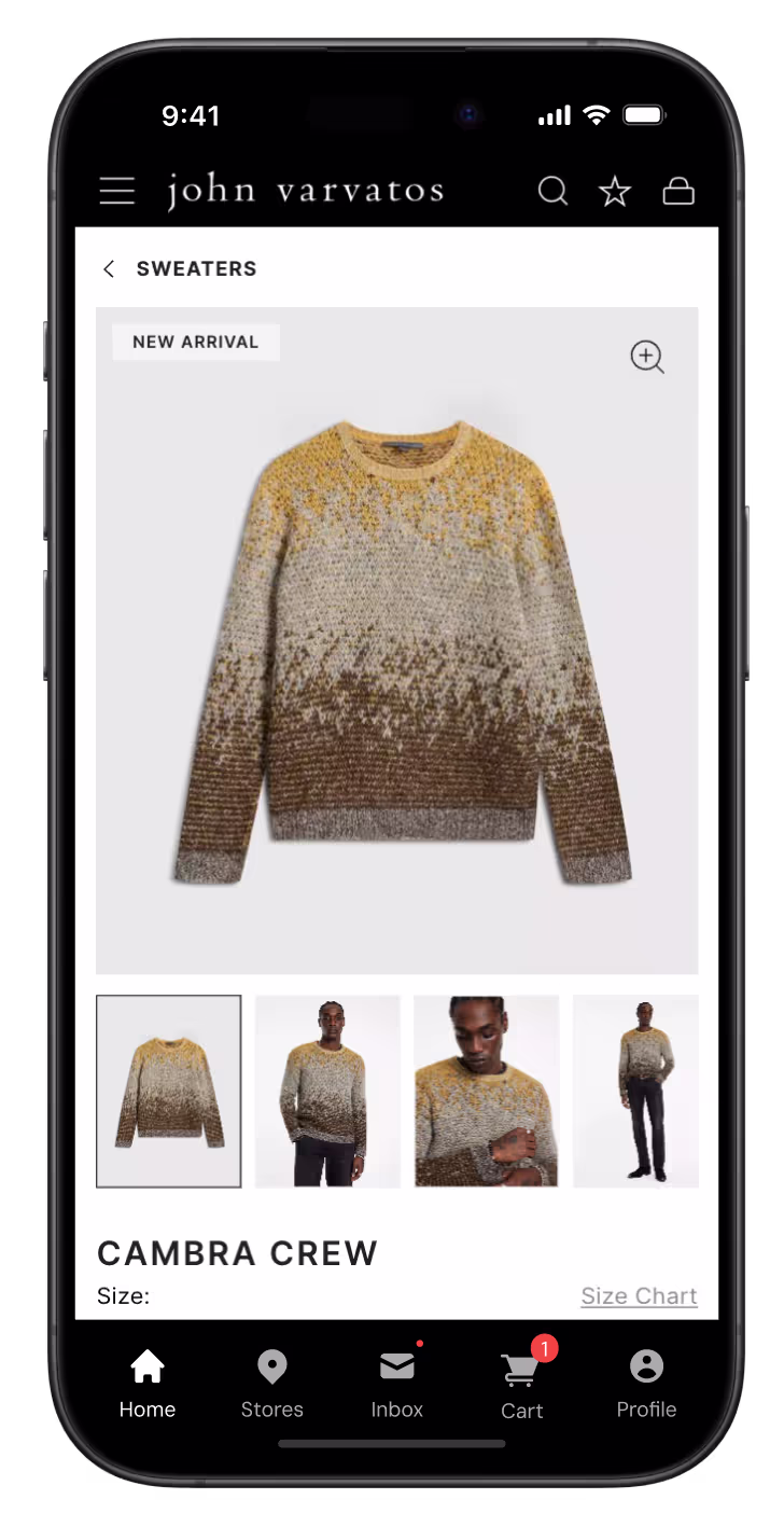 John Varvatos app product page for the Cambra Crew sweater
