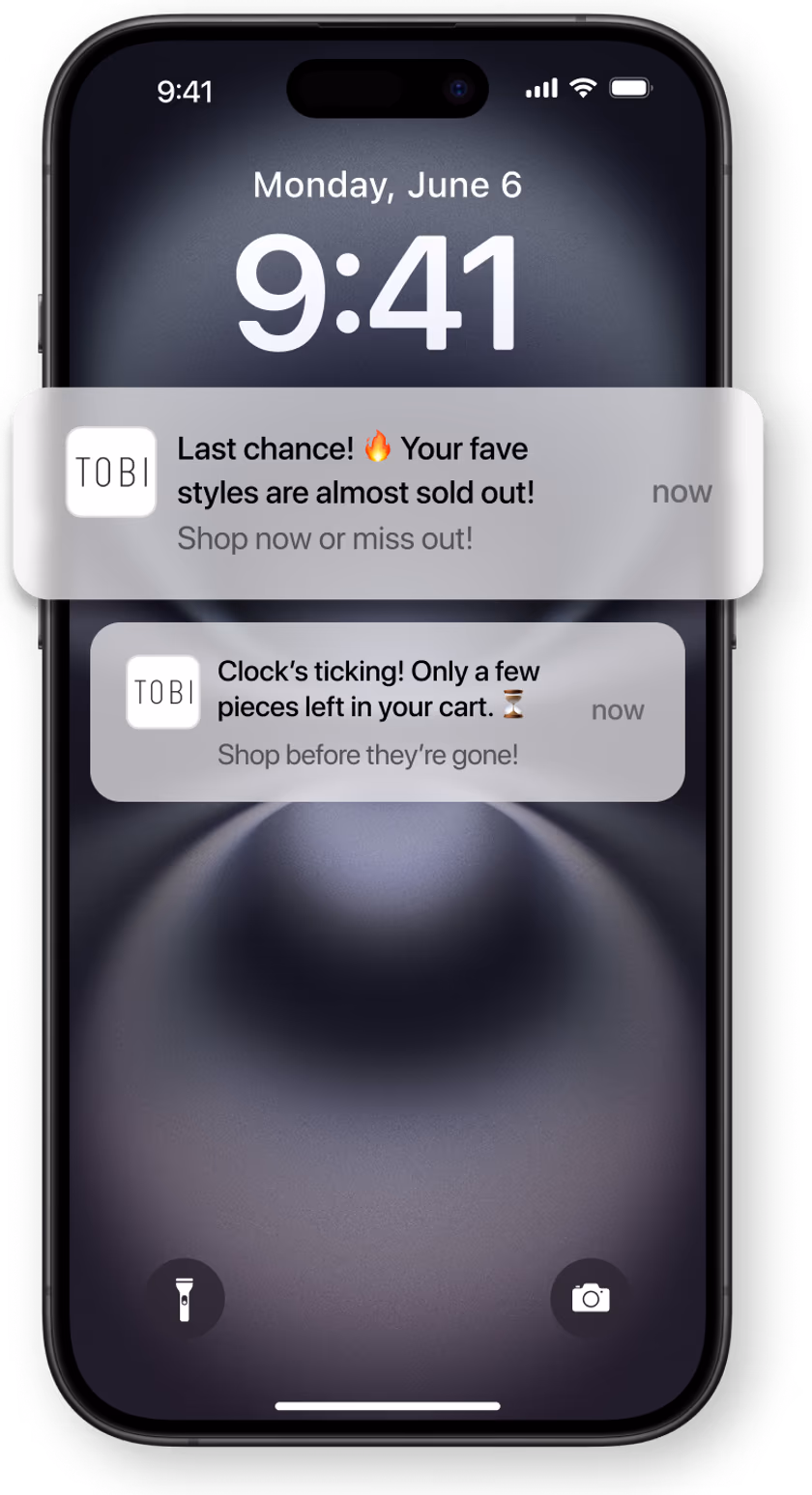 A phone lock screen showing two push notifications from an ecommerce app, one about items selling out and one about items left in the cart