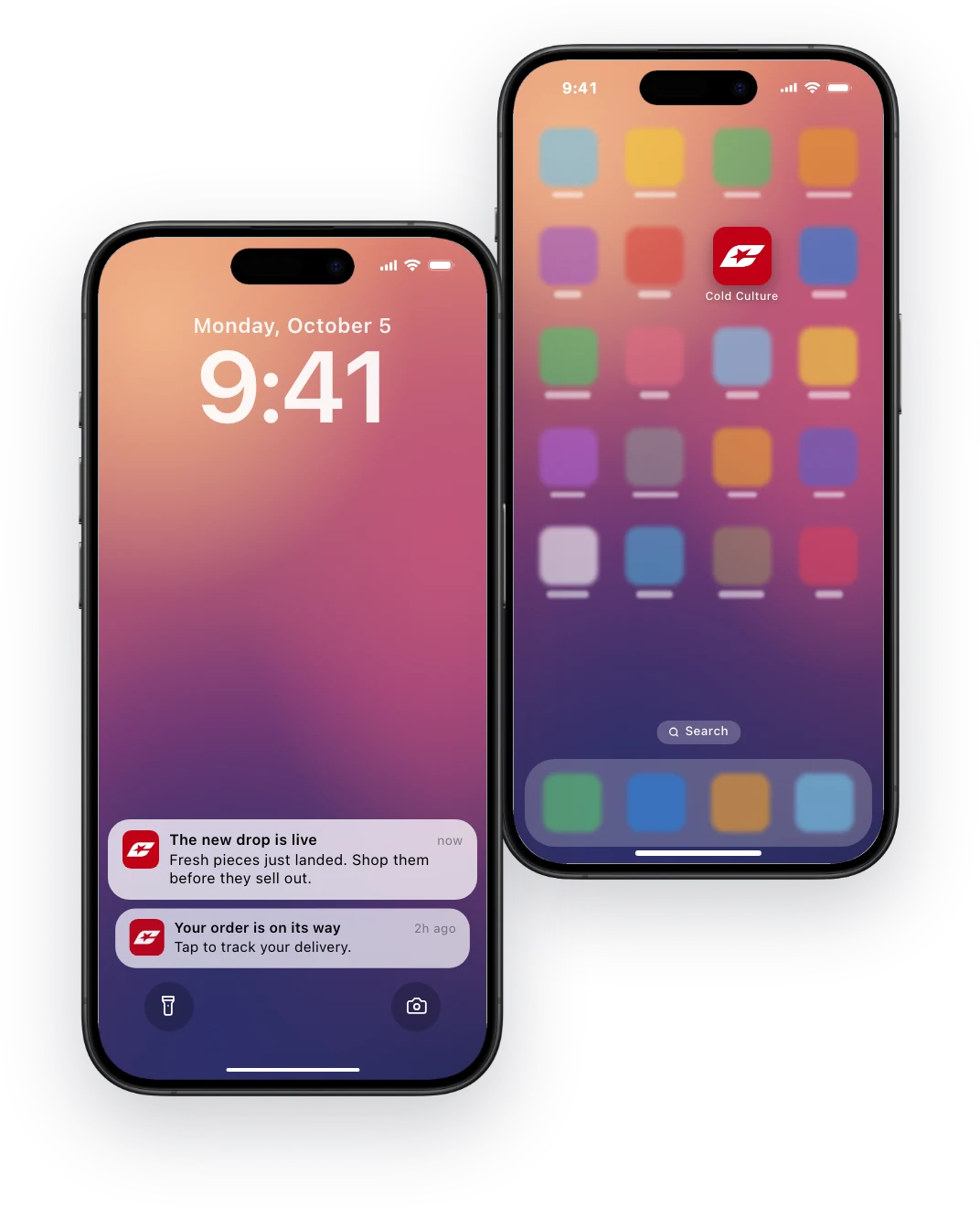 Cold Culture's app icon on a phone's home screen, and its lock screen with a notification that a new drop is live and another that an order is on its way