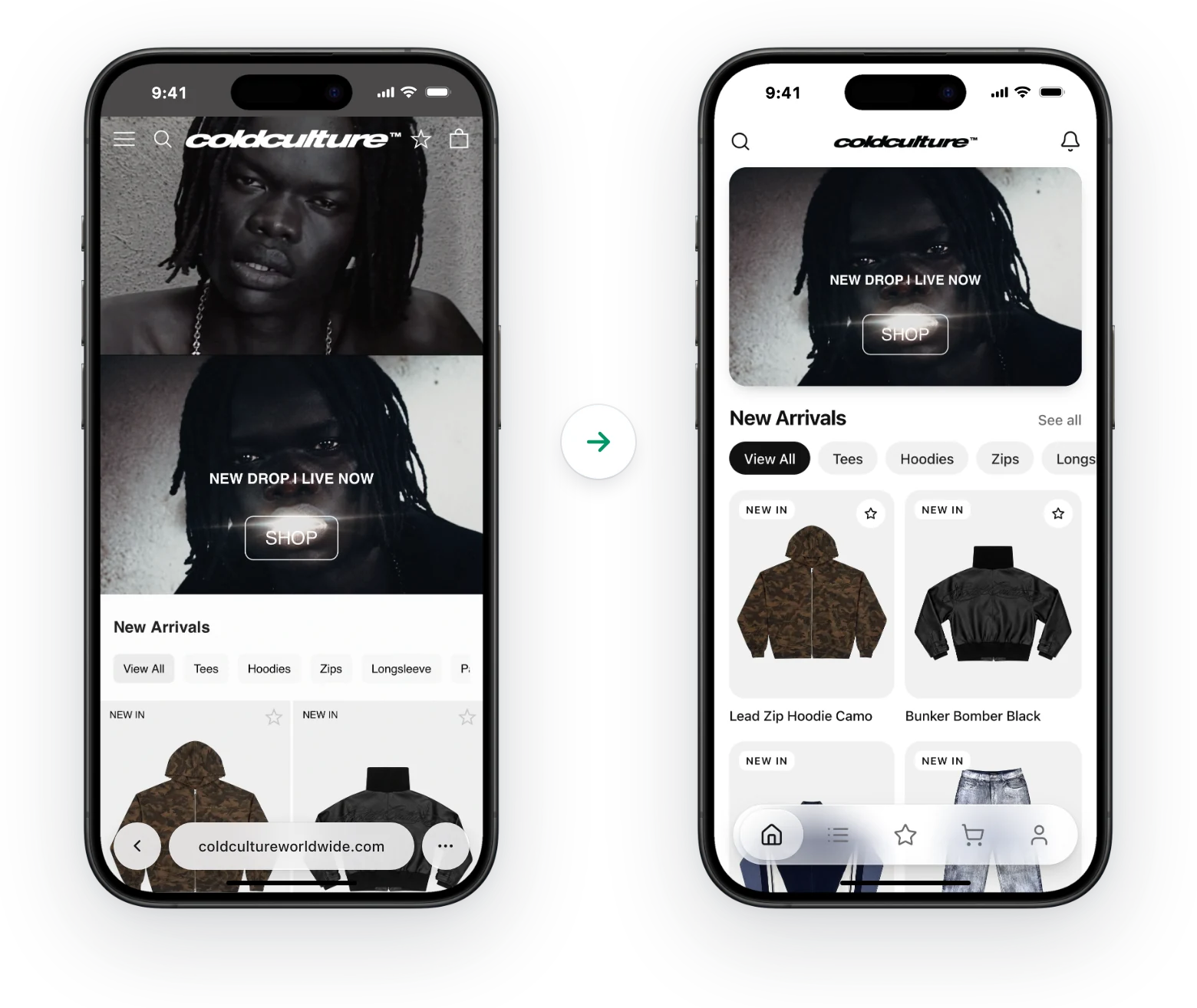 Cold Culture's mobile website beside its MobiLoud app: the same home page, with the drop banner, New Arrivals and new products, redesigned for the app with a native header, collection pills and a floating glass tab bar