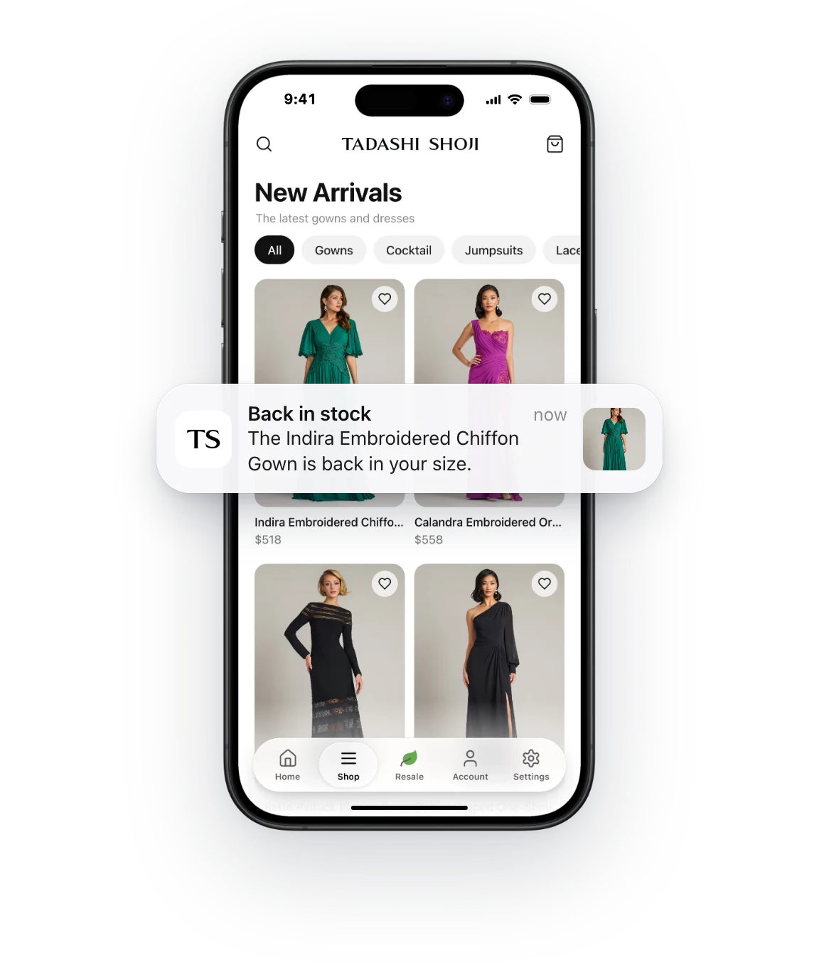 Tadashi Shoji's app on its New Arrivals screen, with gowns and prices, filter pills and a floating glass tab bar, and a push notification that the Indira Embroidered Chiffon Gown is back in stock