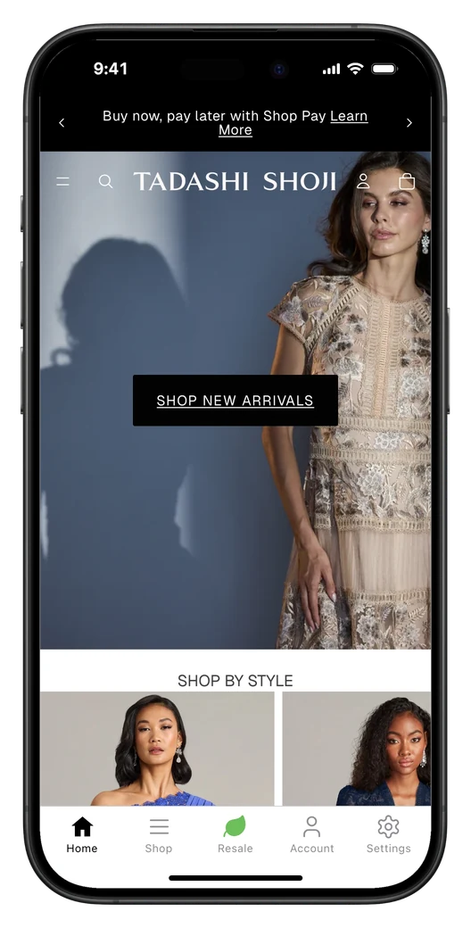 Tadashi Shoji's Shopify app, with its new arrivals