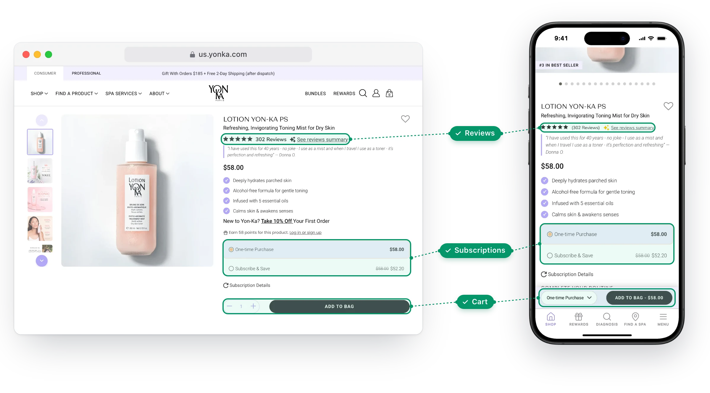 The same Yon-Ka Paris product page on its website and in its app, with the reviews, the subscribe-and-save option and the add to bag button matched on both