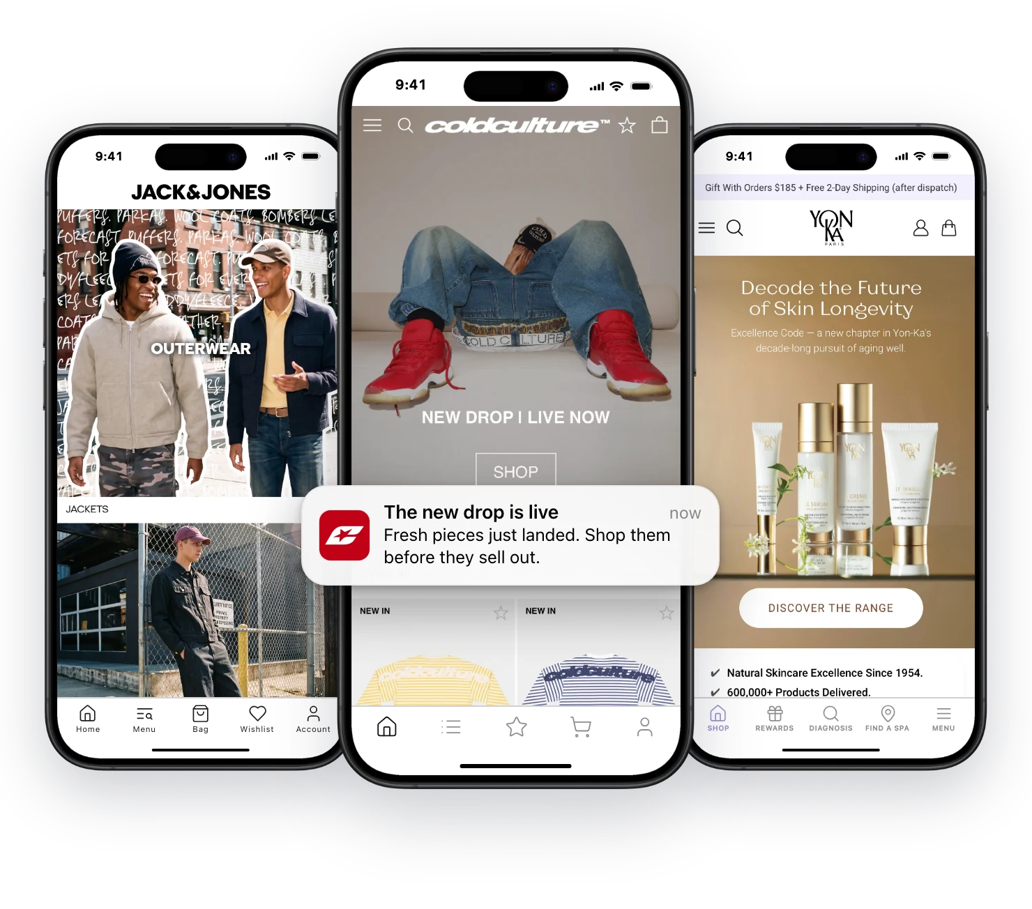 Three MobiLoud apps, Jack & Jones, Cold Culture and Yon-Ka Paris, with a push notification that a new drop is live