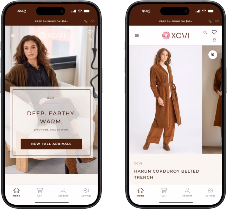 Two screens of the XCVI mobile app side by side: the home screen with a seasonal campaign banner, and a product page for a corduroy trench, both with a native tab bar