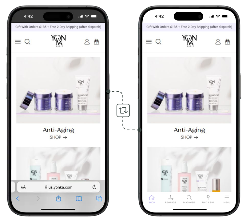 The same storefront shown twice. On the left it runs in a mobile browser with an address bar and browser toolbar. On the right it runs in a MobiLoud app, full screen, with a native tab bar along the bottom.
