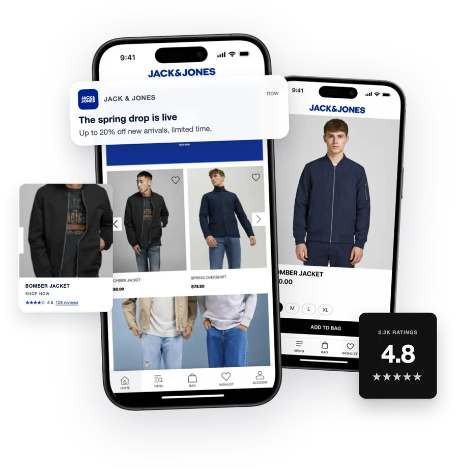 A Jack & Jones app showing a push notification and a 4.8 star app rating