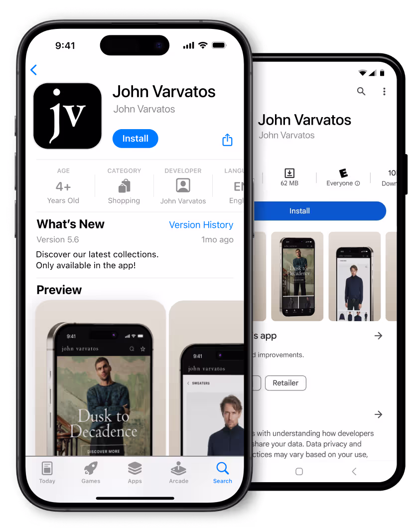 John Varvatos app in the App Store and Google Play