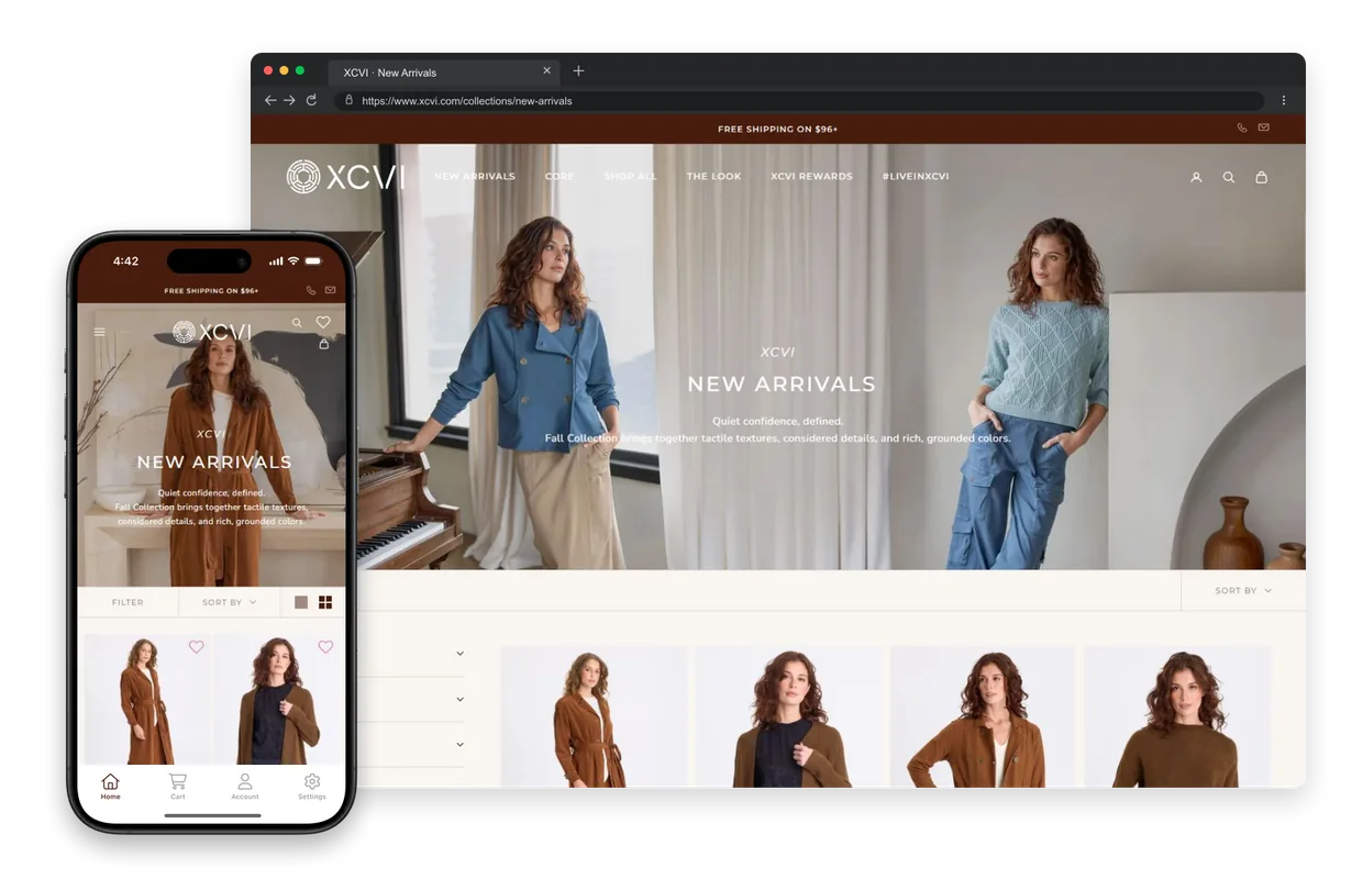 The XCVI storefront shown side by side, on desktop web and in their MobiLoud app