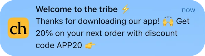 Chebeauty push notification: Welcome to the tribe. Thanks for downloading our app! 20% on your next order with discount code APP20