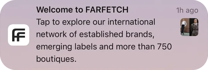 Farfetch push notification: Welcome to FARFETCH. Tap to explore our international network of established brands, emerging labels and more than 750 boutiques.