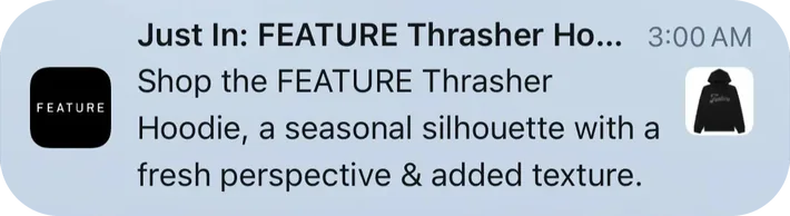 Feature push notification: Just In: FEATURE Thrasher Ho... 3:00 AM. Shop the FEATURE Thrasher Hoodie, a seasonal silhouette with a fresh perspective & added texture.