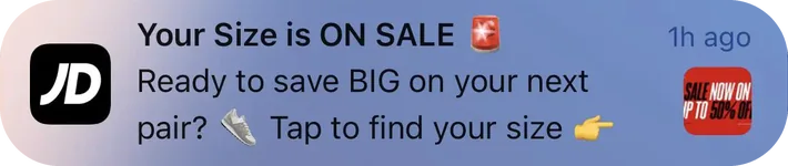 JD Sports push notification: Your Size is ON SALE. Ready to save BIG on your next Tap to find your size pair?