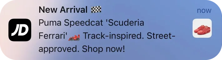 JD Sports push notification: New Arrival :. Puma Speedcat 'Scuderia Ferrari' sei Track-inspired. Street- approved. Shop now!