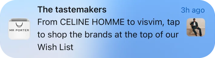 Mr Porter push notification: The tastemakers. From CELINE HOMME to visvim, tap to shop the brands at the top of our Wish List