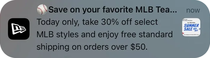 New Era push notification: Save on your favorite MLB Tea.... Today only, take 30% off select MLB styles and enjoy free standard shipping on orders over $50.