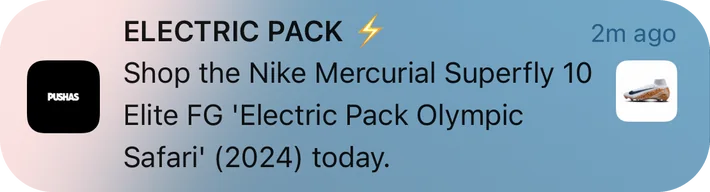 Pushas push notification: ELECTRIC PACK. Shop the Nike Mercurial Superfly 10 Elite FG 'Electric Pack Olympic Safari' (2024) today.
