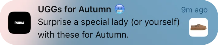Pushas push notification: UGGs for Autumn. Surprise a special lady (or yourself with these for Autumn.