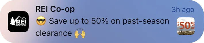 REI Co-op push notification: REI Co-op. Save up to 50% on past-season clearance