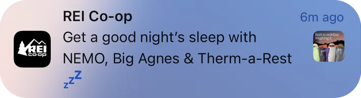 REI Co-op push notification: REI Co-op. Get a good night's sleep with NEMO, Big Agnes & Therm-a-Rest N
