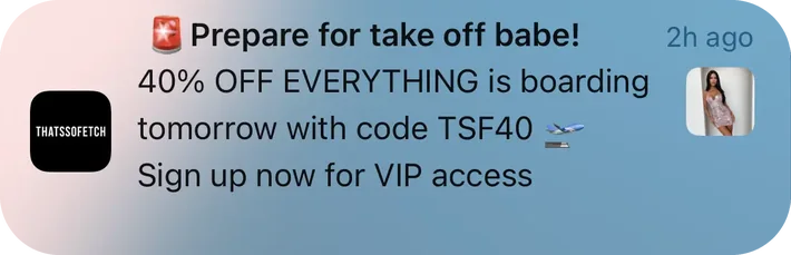 That's So Fetch push notification: Prepare for take off babe!. 40% OFF EVERYTHING is boarding tomorrow with code TSF40 Sign up now for VIP access