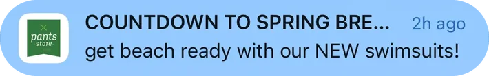 The Pants Store push notification: COUNTDOWN TO SPRING BRE.... get beach ready with our NEW swimsuits!