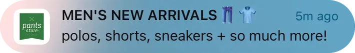The Pants Store push notification: MEN'S NEW ARRIVALS IT"™. polos, shorts, sneakers + so much more!